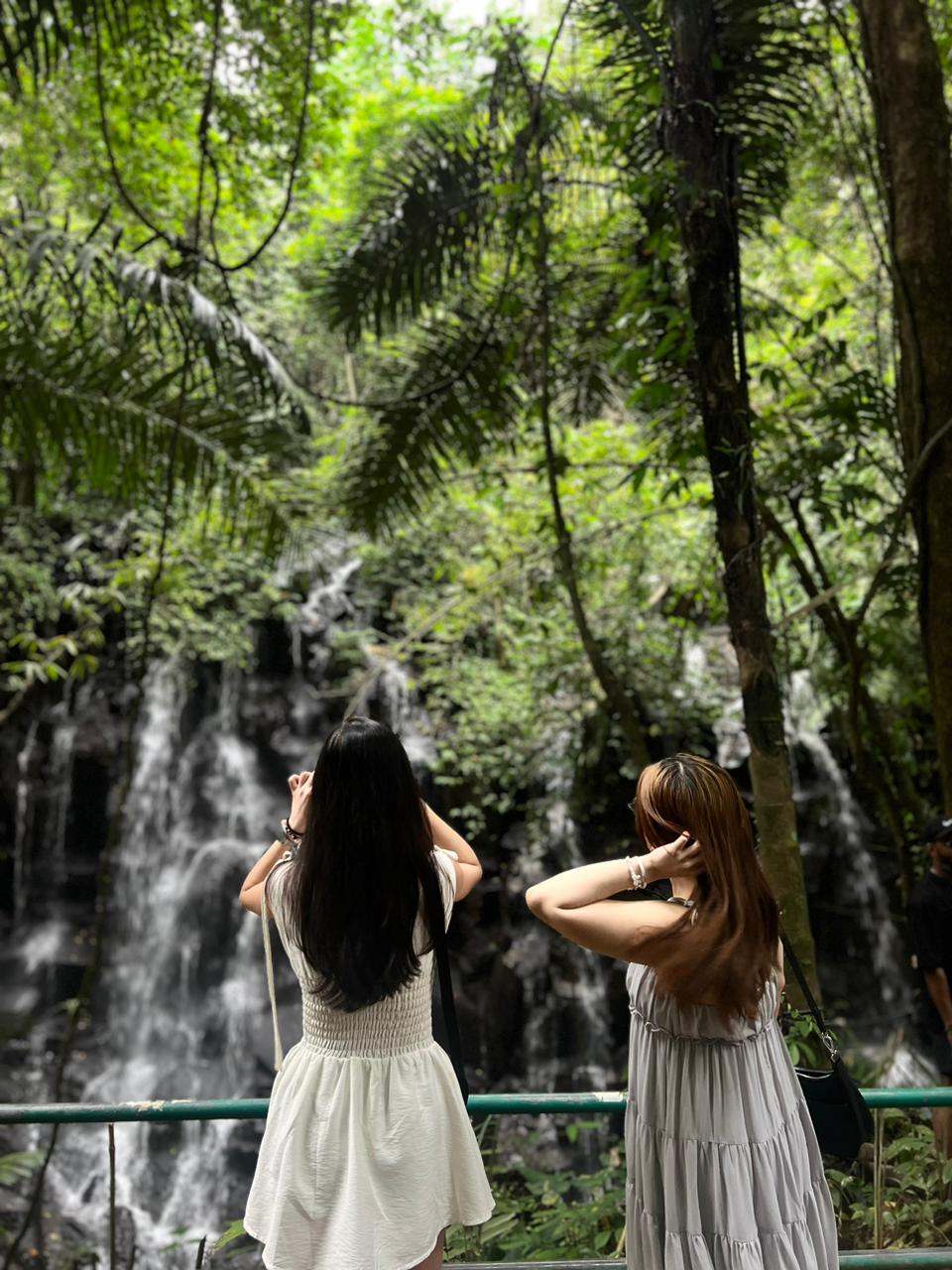 Two guests at a waterfall viewpoint in the forest